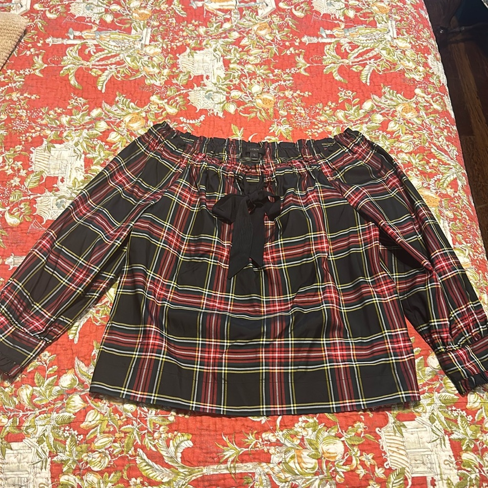 JCrew Stuart tartan off the should top with grosgrain ribbon